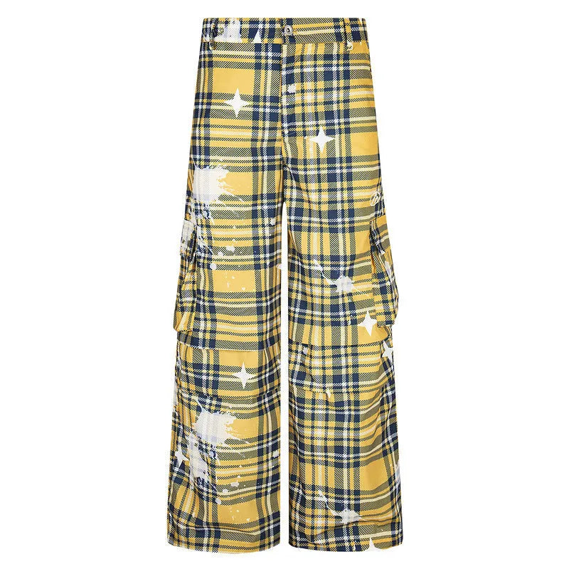 Men's blue retro plaid overalls with straight leg design and mid waist