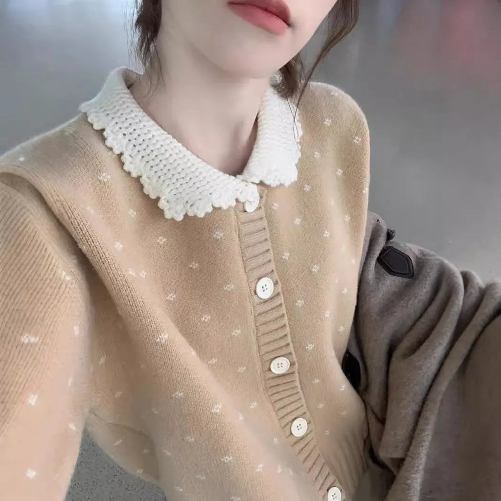 Retro Peter Pan collar floral pattern knitted cardigan in navy blue, apricot, or grey