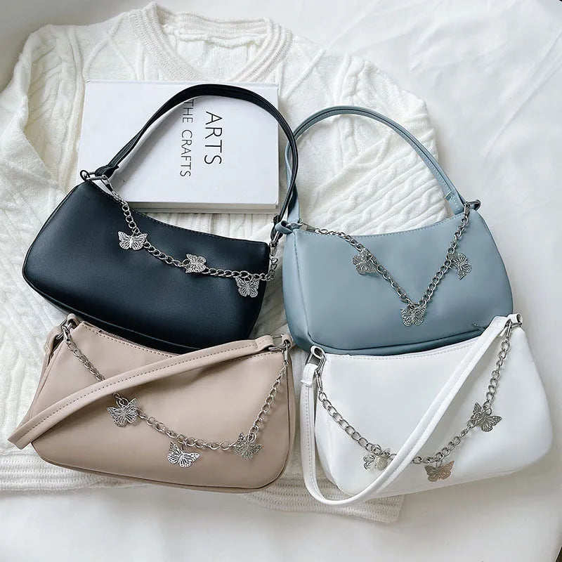 Fashion butterfly chain underarm bag in horizontal square shape with PU material and chain detail