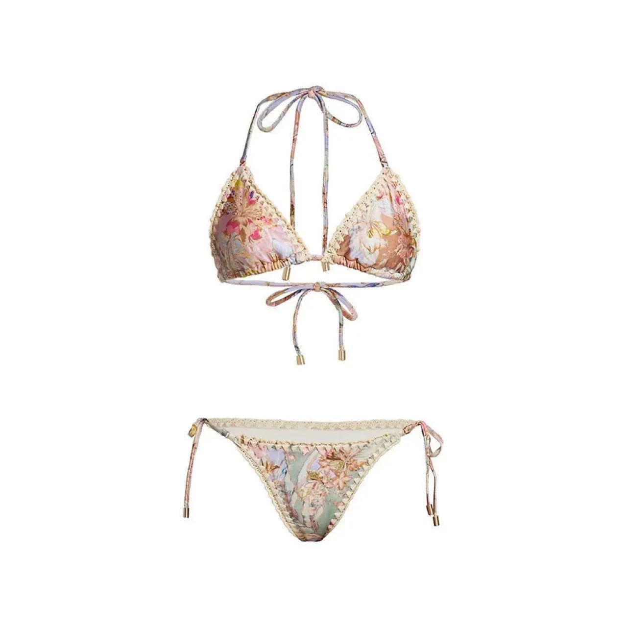 Women's floral bikini swimsuit set with top, briefs, and skirt in creamy-white beige colour