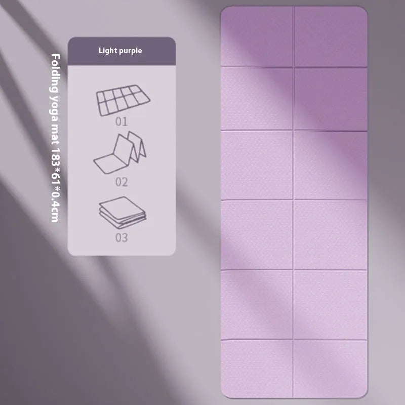 Foldable TPE yoga mat in purple showing six-fold design and non-slip texture for home fitness