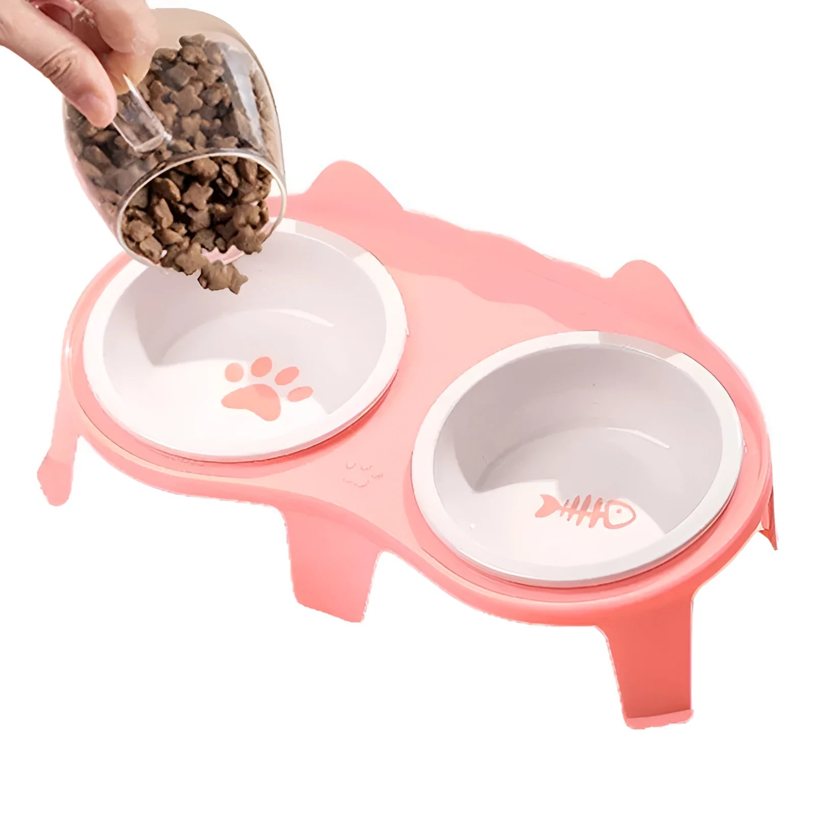 Blue ceramic cat food and water bowl set on a white elevated stand with storage hook