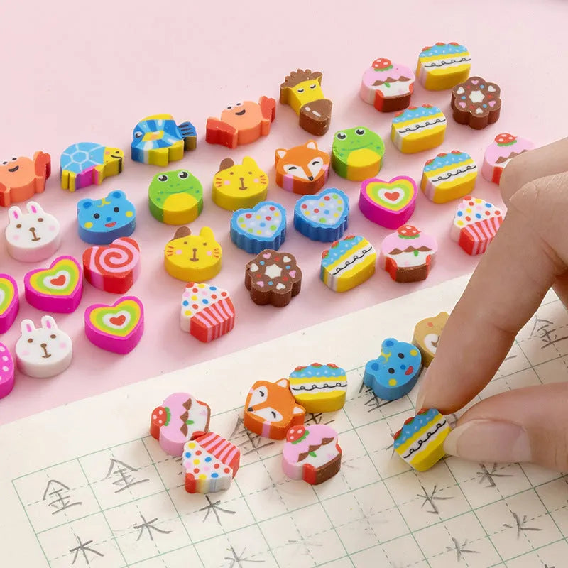 50 colourful cartoon mini erasers in fruit animal cake and seasonal designs measuring 1-1.5cm