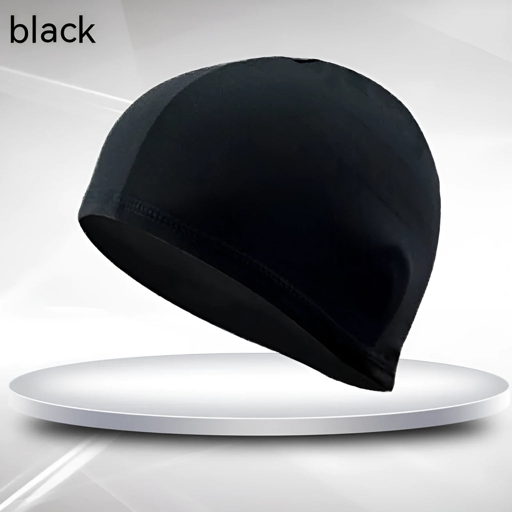 Black solid colour unisex adult swim cap made from polyester fabric for swimming.