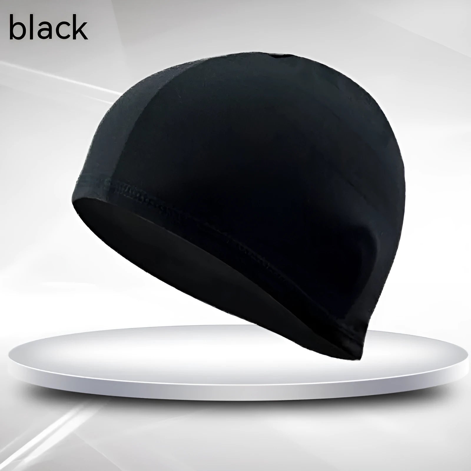 Black solid colour unisex adult swim cap made from polyester fabric for swimming.