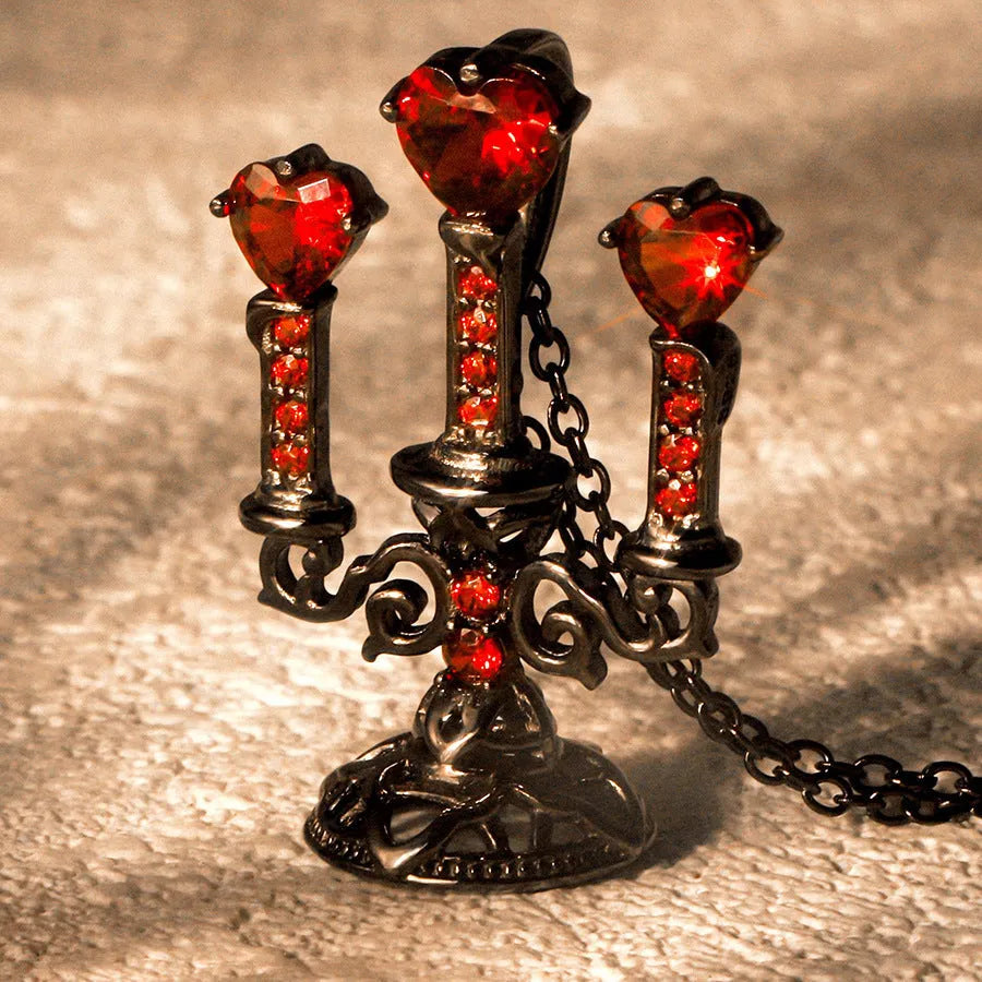 Gothic hollow candlestick pendant necklace on a cross chain in retro candlestick colour.