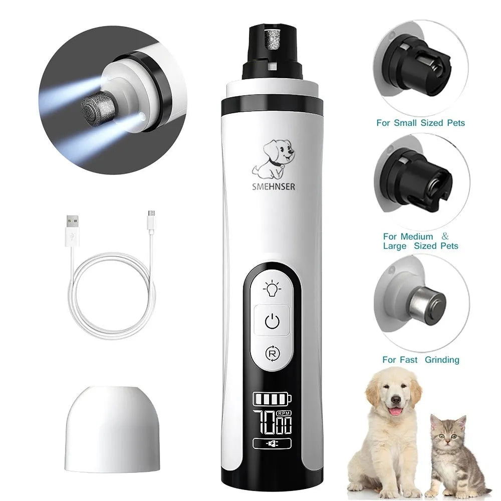 Electric dog nail grinder device with LED display showing speed settings.