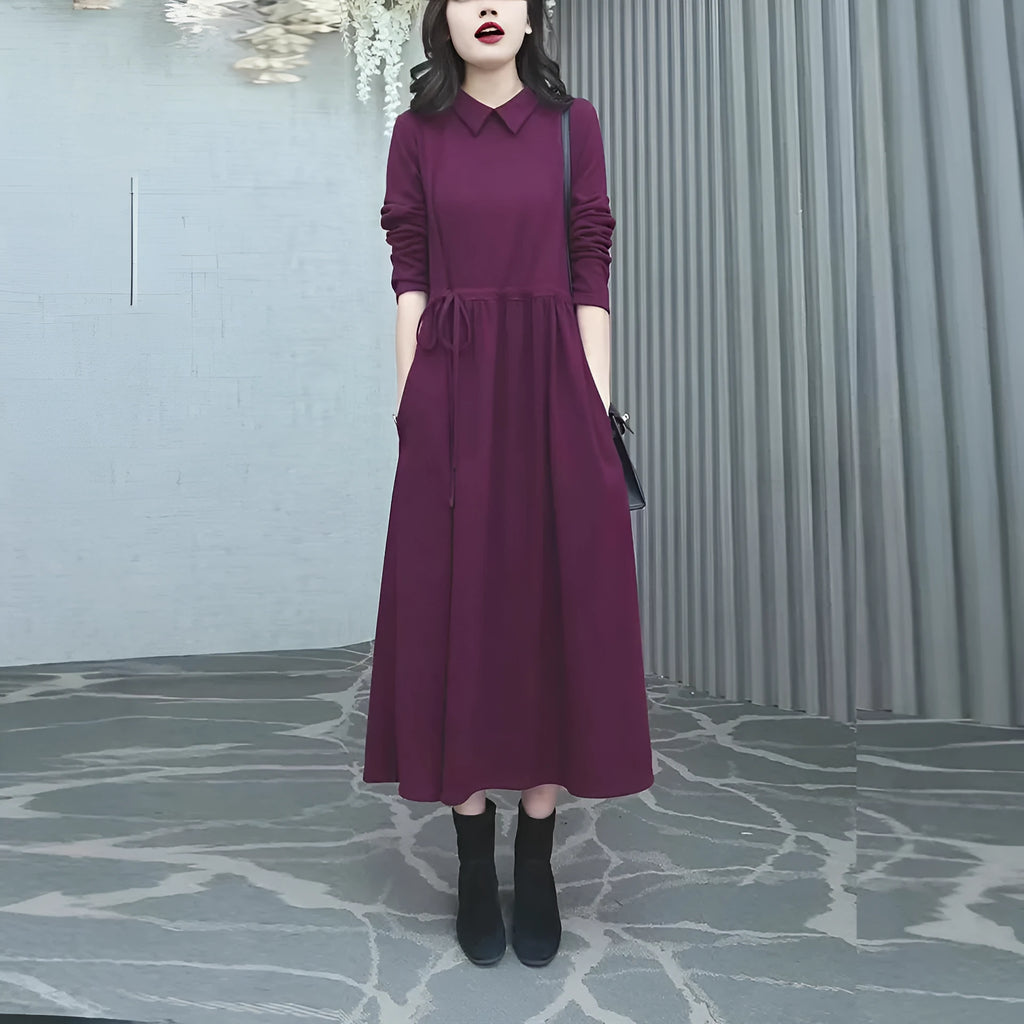 Purplish red solid colour plus size women's dress with long sleeves and long skirt for autumn winter.