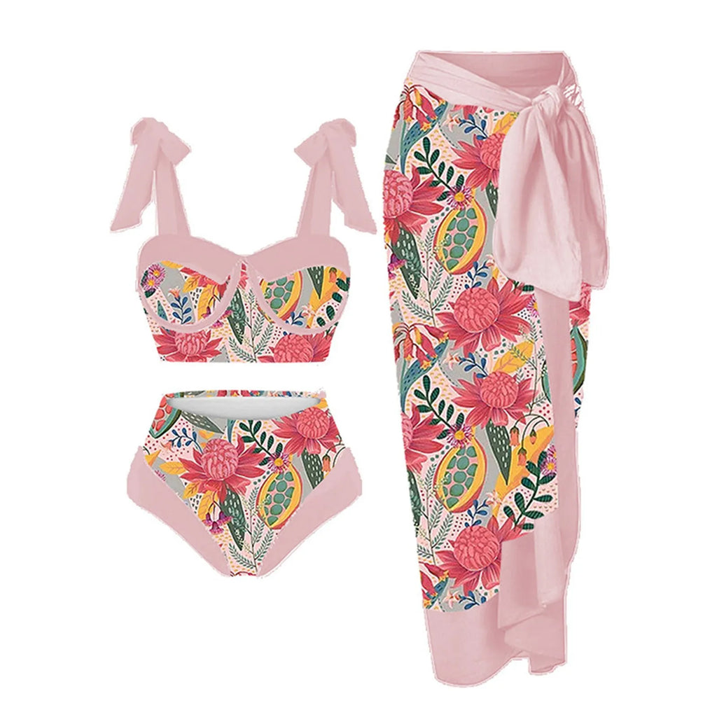 Women's printing pattern three-piece swimsuit set in polyester with skirt, bra and panties