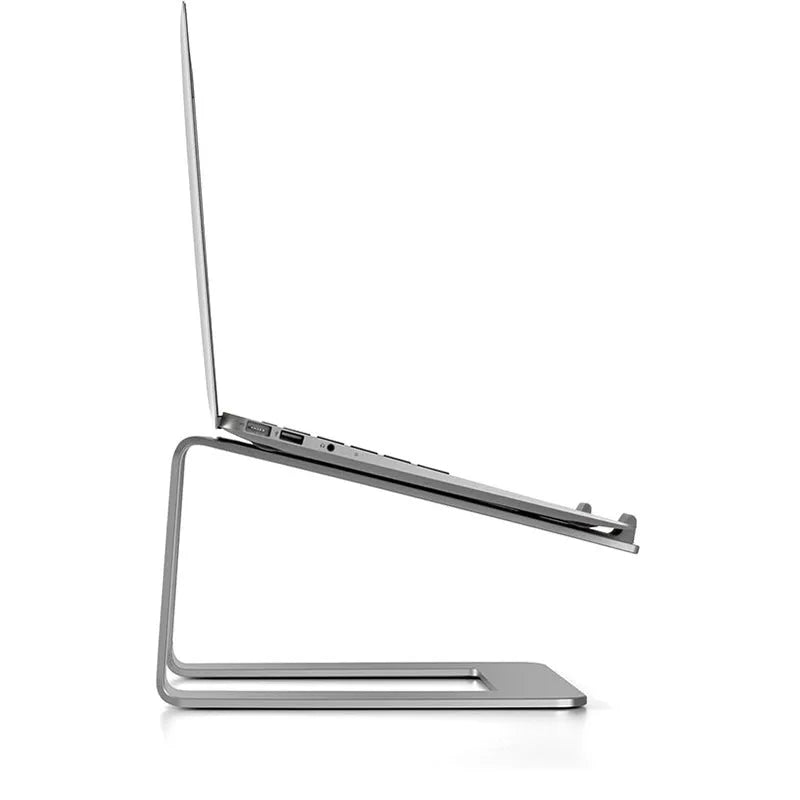 Black aluminium alloy laptop stand on a wooden desk