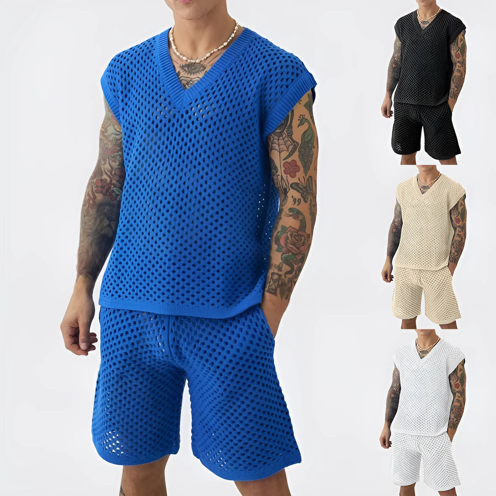 Men's sleeveless V-neck knitted vest and matching shorts sports suit in blue black white or khaki