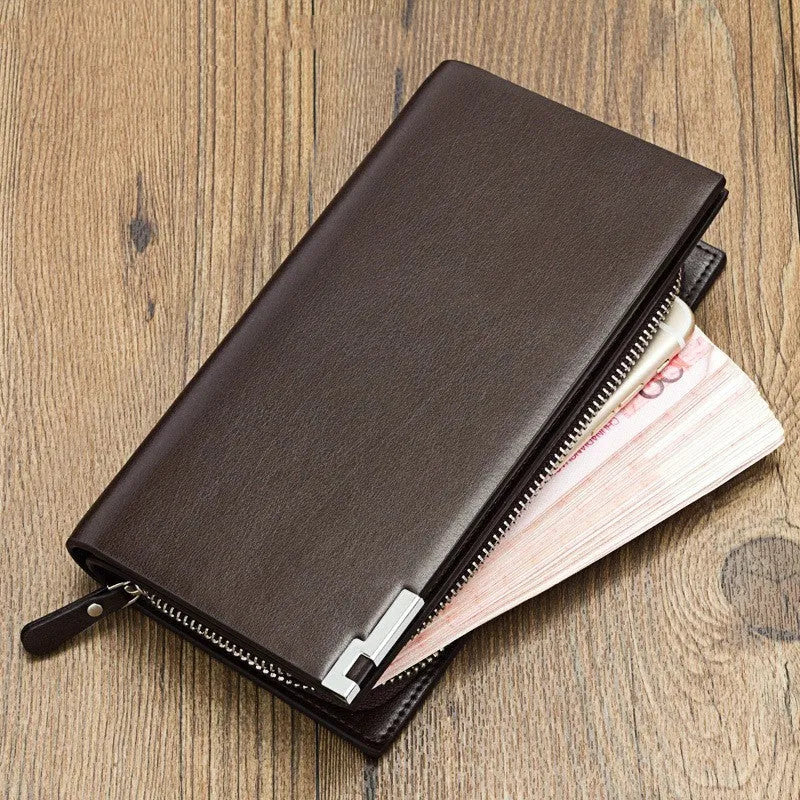 Men's black PU leather zipper wallet showing multiple compartments and secure closure