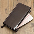 Men's black PU leather zipper wallet showing multiple compartments and secure closure