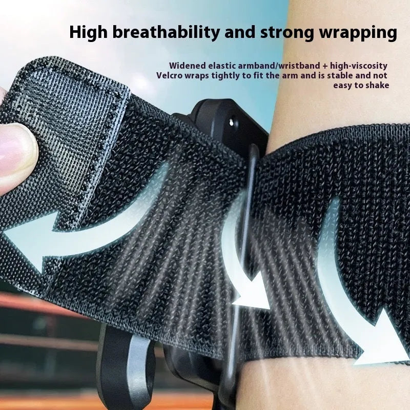 Universal plastic arm and wrist mobile phone bracket for outdoor running and sports, shown as a fixed phone stand.