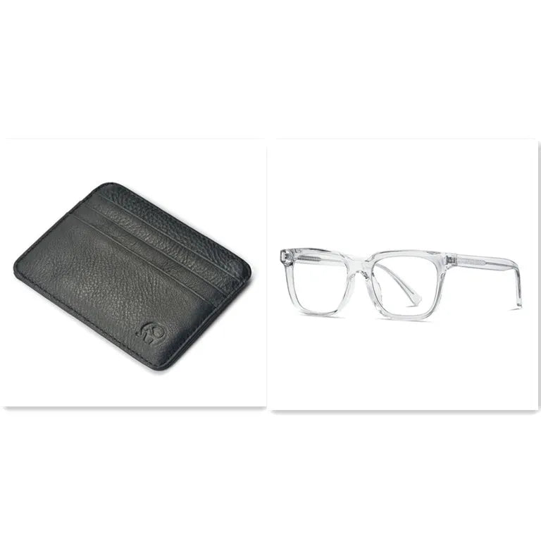 Genuine leather magic wallet in black with elastic band closure, slim card holder for cards and notes.