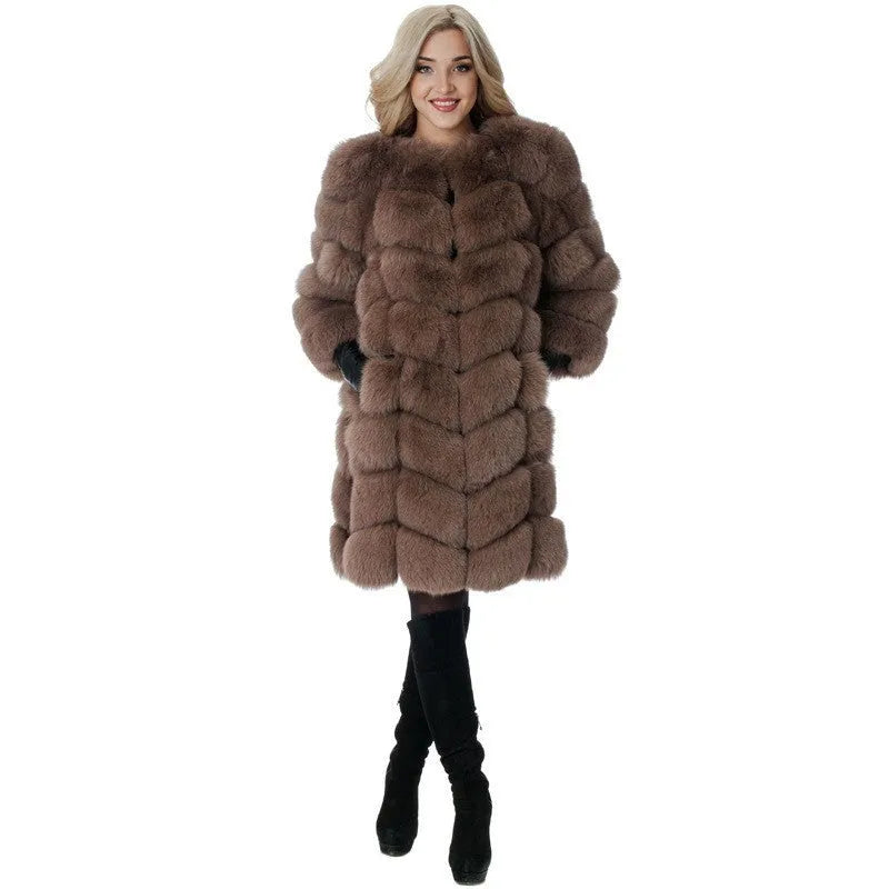 Women's thick black artificial fur coat with regular sleeves, 80cm length