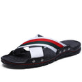 Men's white cowhide leather flip-flop sandals with a textured non-slip PU sole.