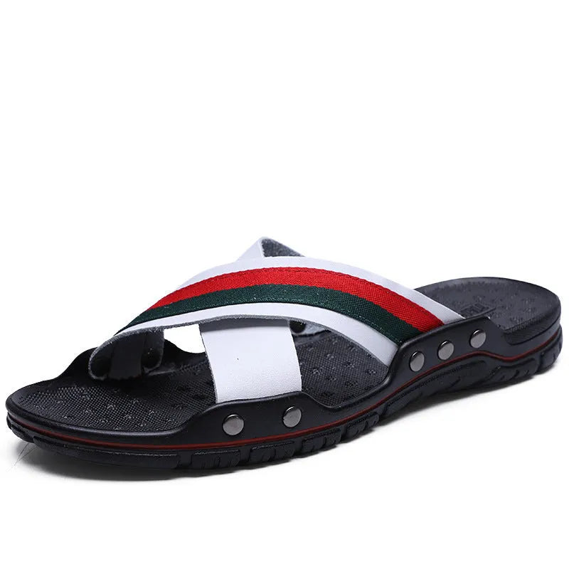 Men's white cowhide leather flip-flop sandals with a textured non-slip PU sole.