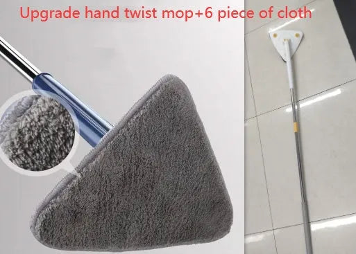 Blue triangle cleaning mop with rotating head and extendable stainless steel pole