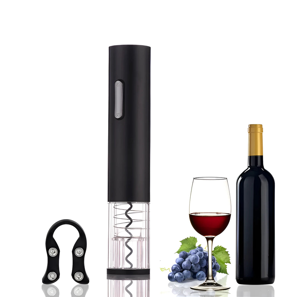 Automatic electric wine bottle opener with foil cutter in black, red, or white colours.
