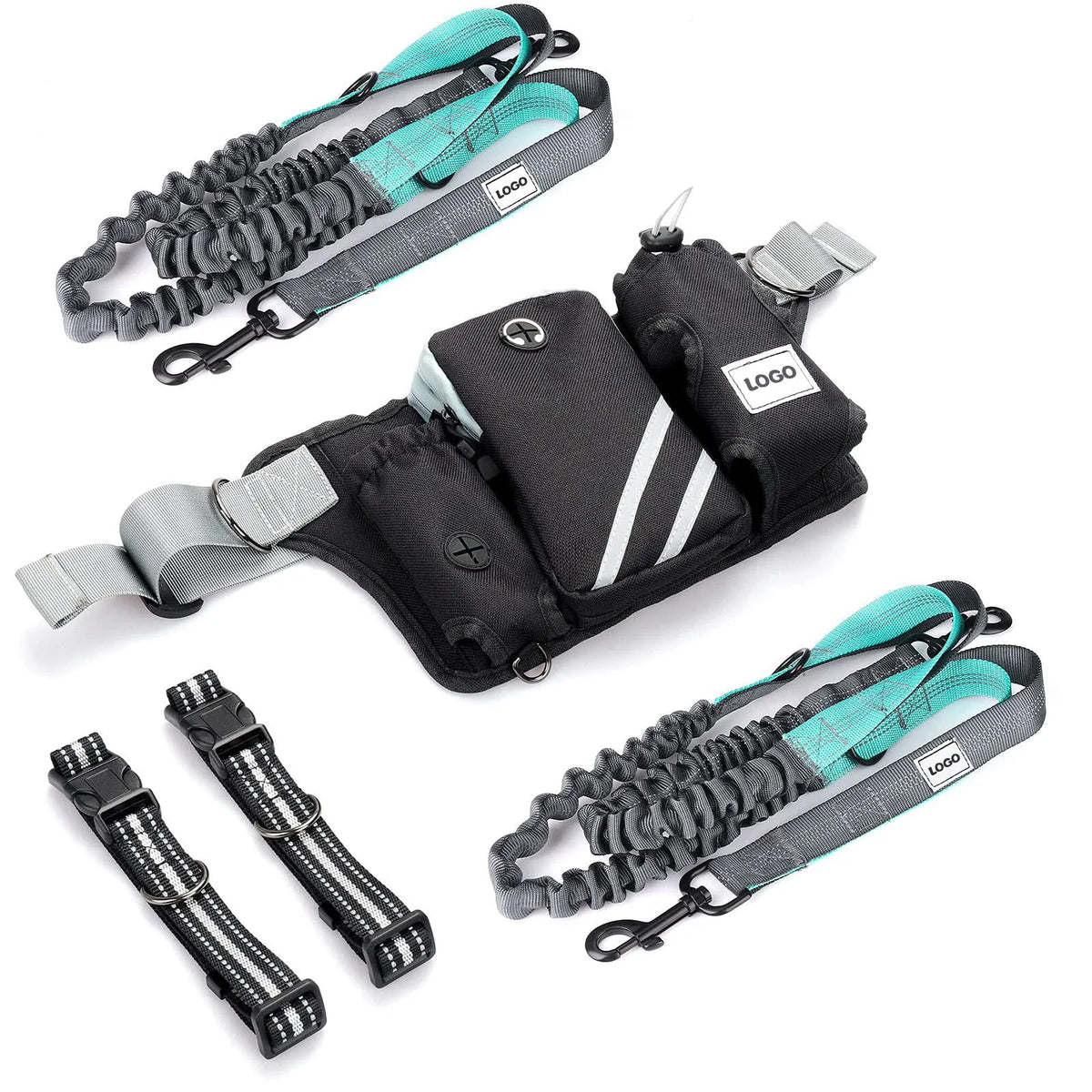Black nylon dog walking waist bag and leash set for hands-free outdoor use