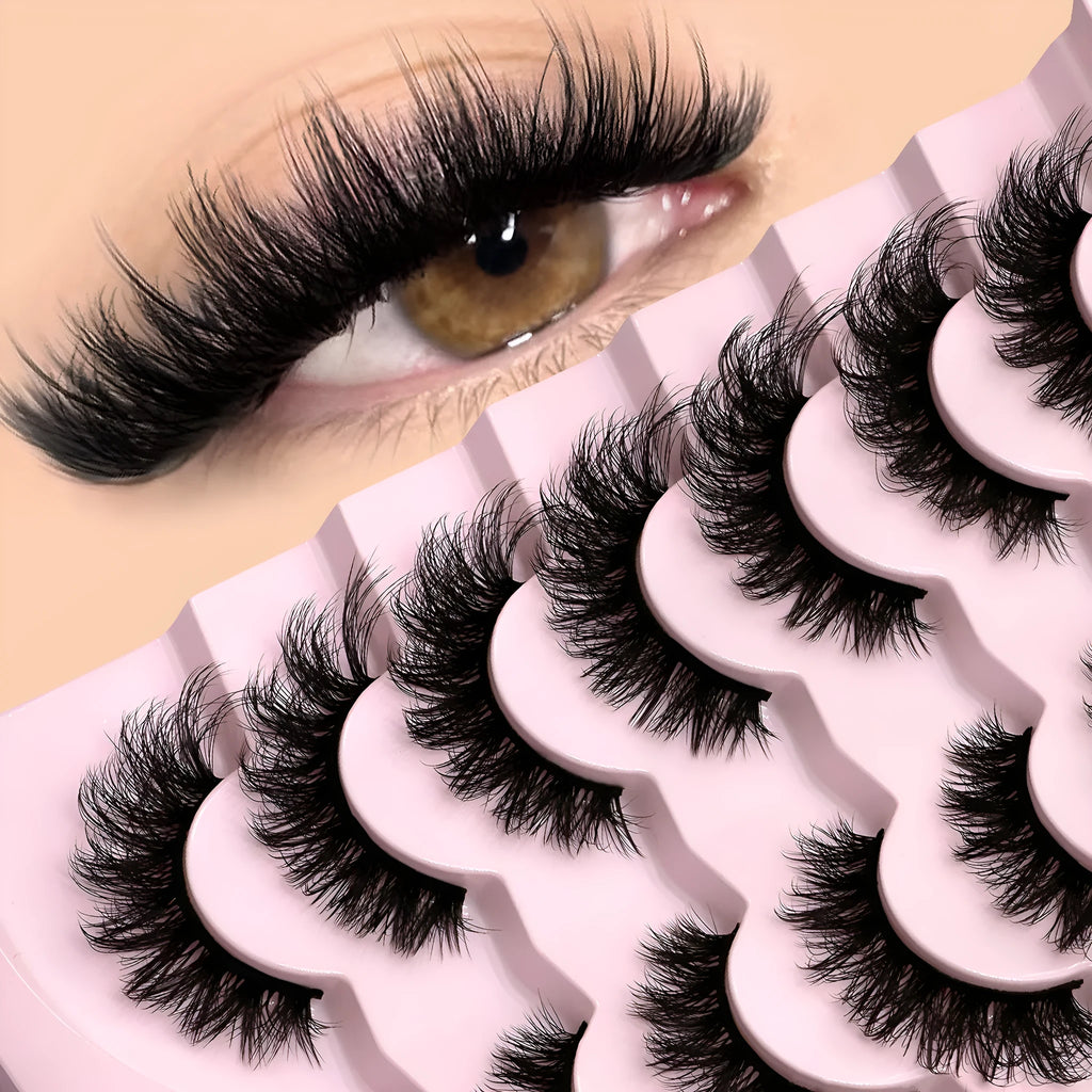 Natural false eyelashes in box with adhesive glue, artificial fibre construction, thick natural long style