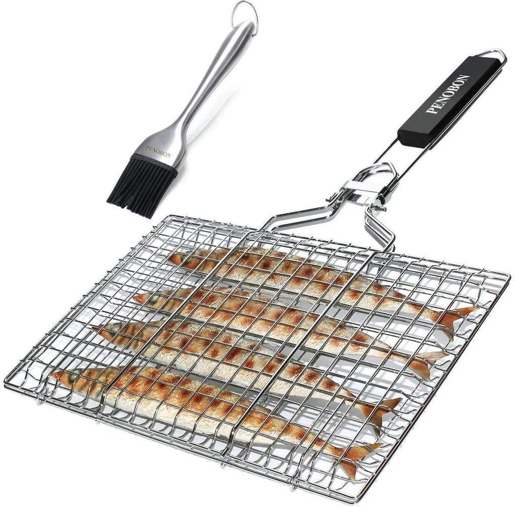 Stainless steel square folding barbecue grill mesh basket with cleaning brush