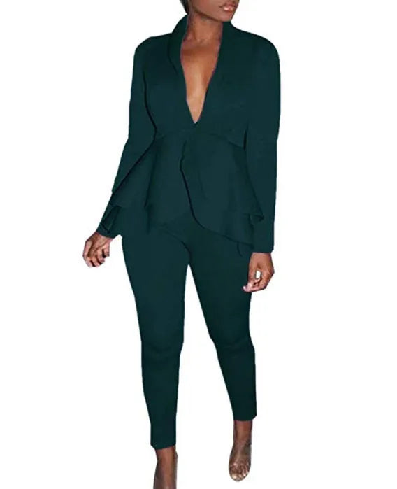 Ruffled air layer business uniform set showing shirt and pencil pants in a selected colour.