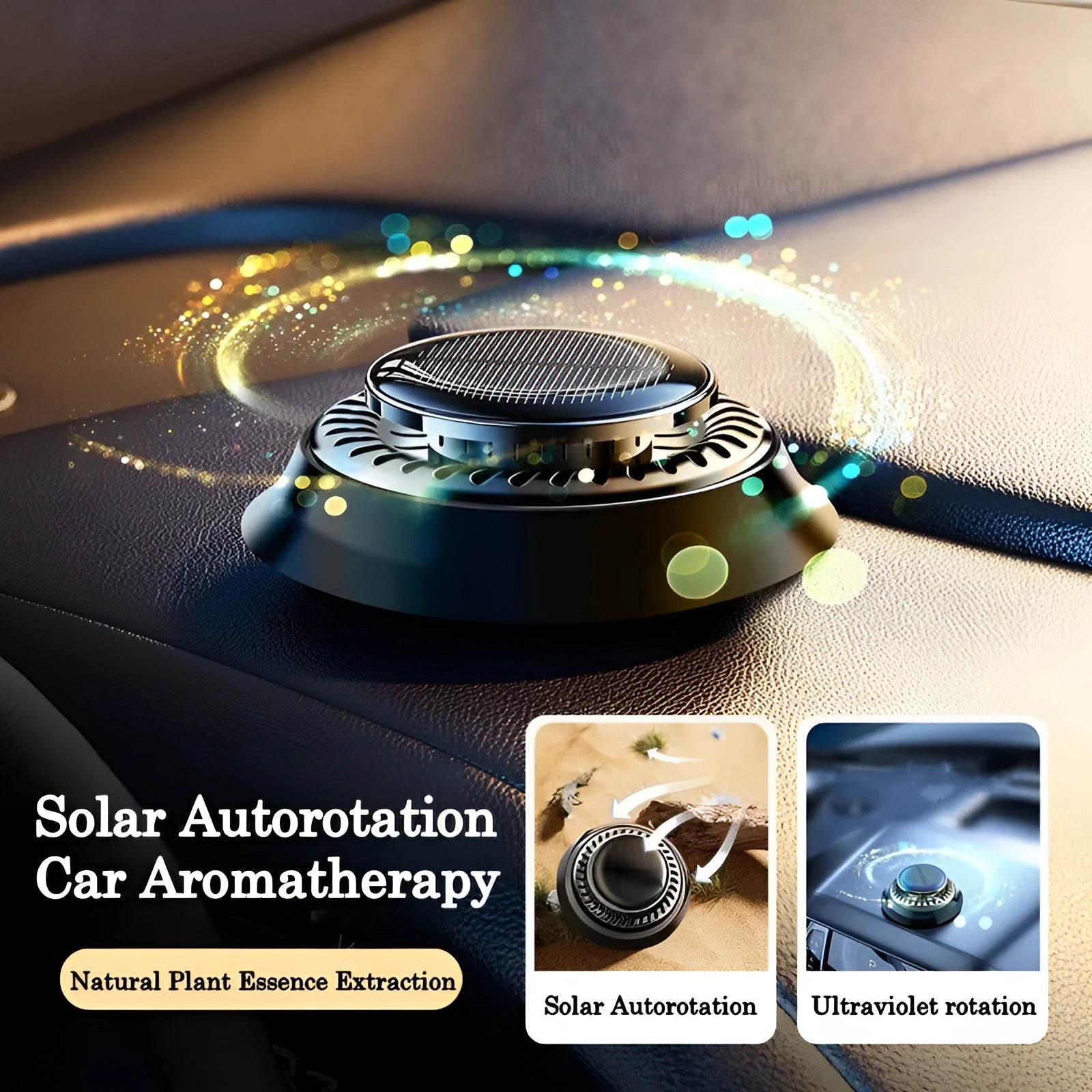 Solar powered kinetic car air freshener with double rotating rings on car dashboard