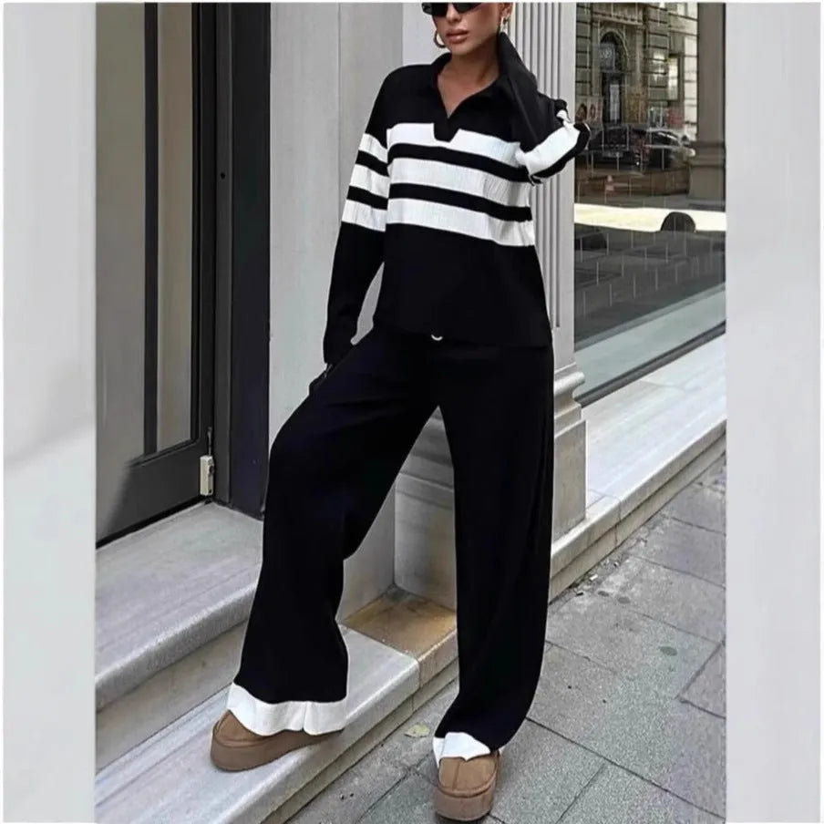 Women's black and white striped knitted polo shirt and trousers two-piece set