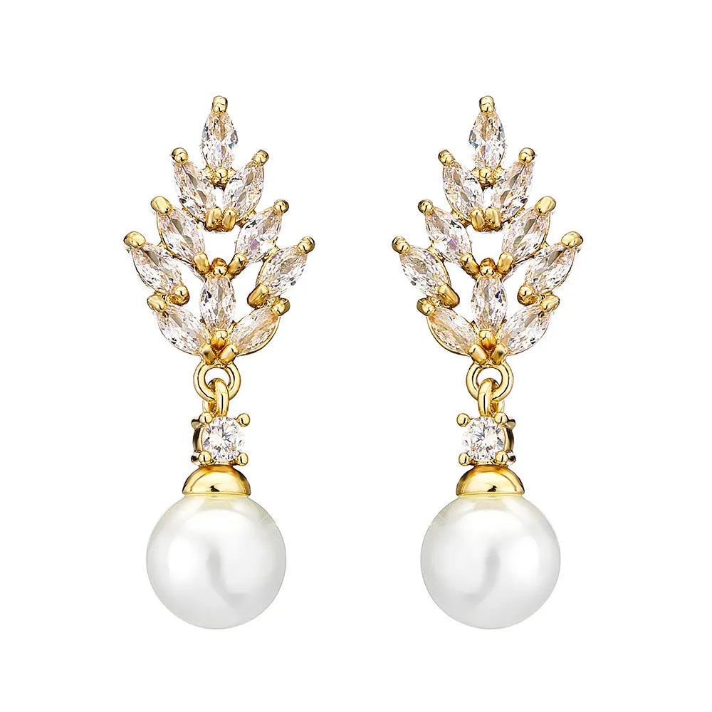 Geometric floral earrings with micro inlaid zircon detailing in gold, platinum, or rose gold plating options