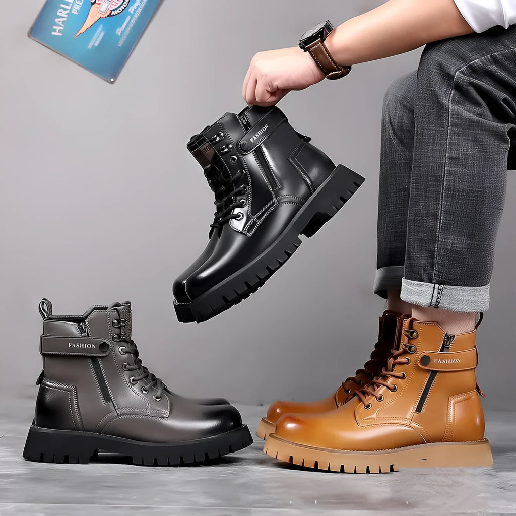 Men's light brown high-top martin boots with thick rubber sole and side zip on a grey background