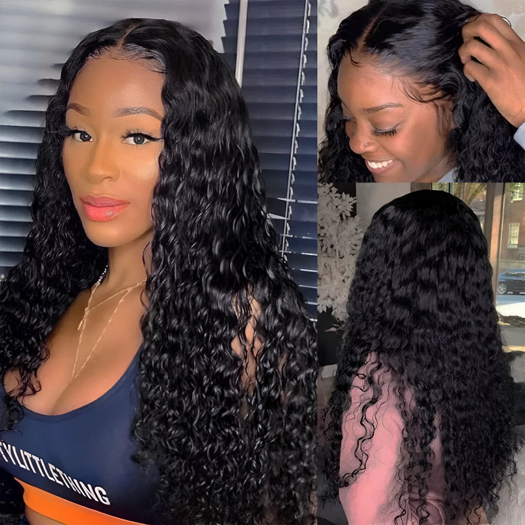 Curly human hair wig with lace front in various lengths showing natural texture and hand-woven construction