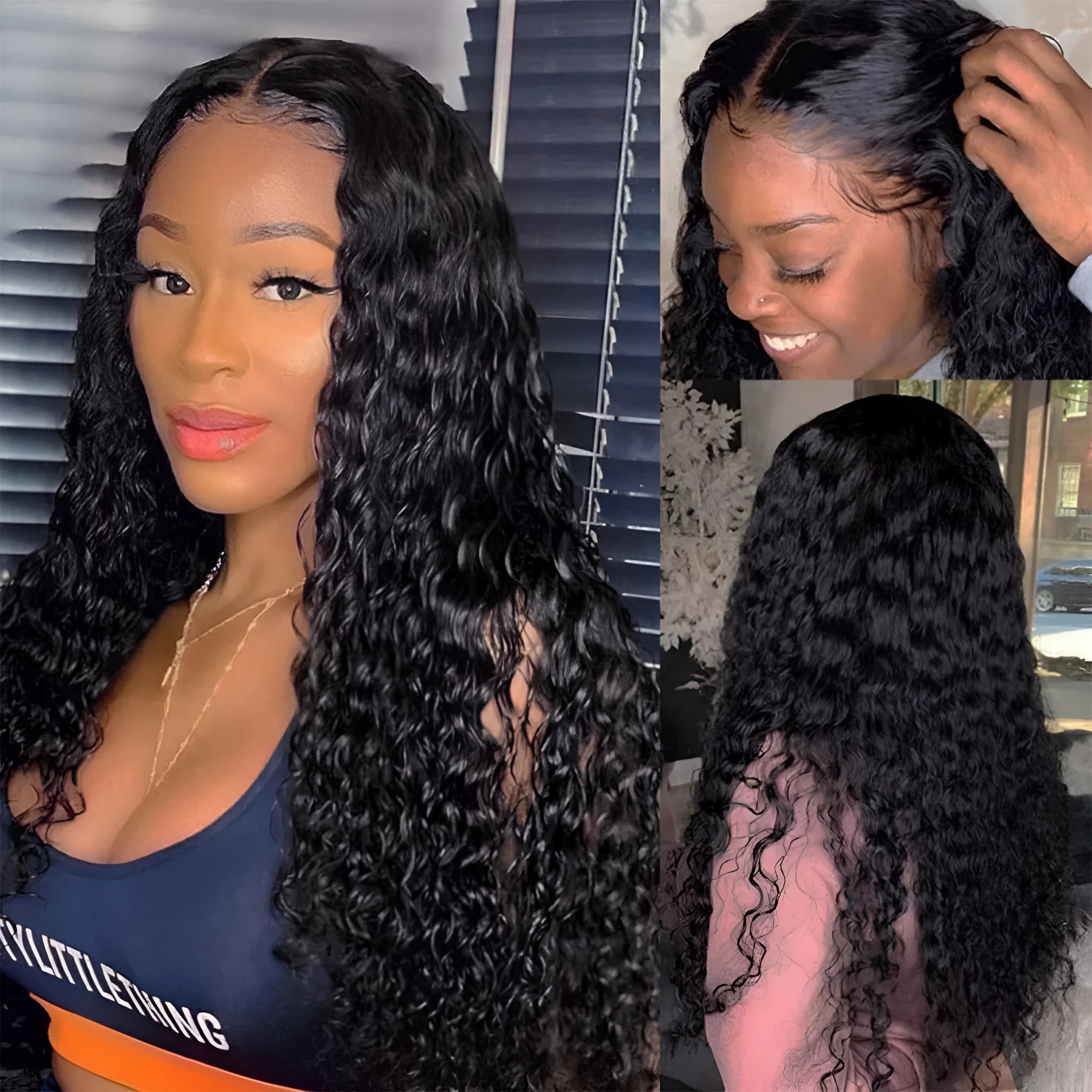 Curly human hair wig with lace front in various lengths showing natural texture and hand-woven construction