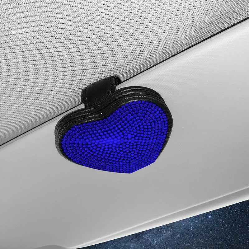 Diamond-encrusted PU leather car sun visor organiser clip with magnetic document holder and glasses storage