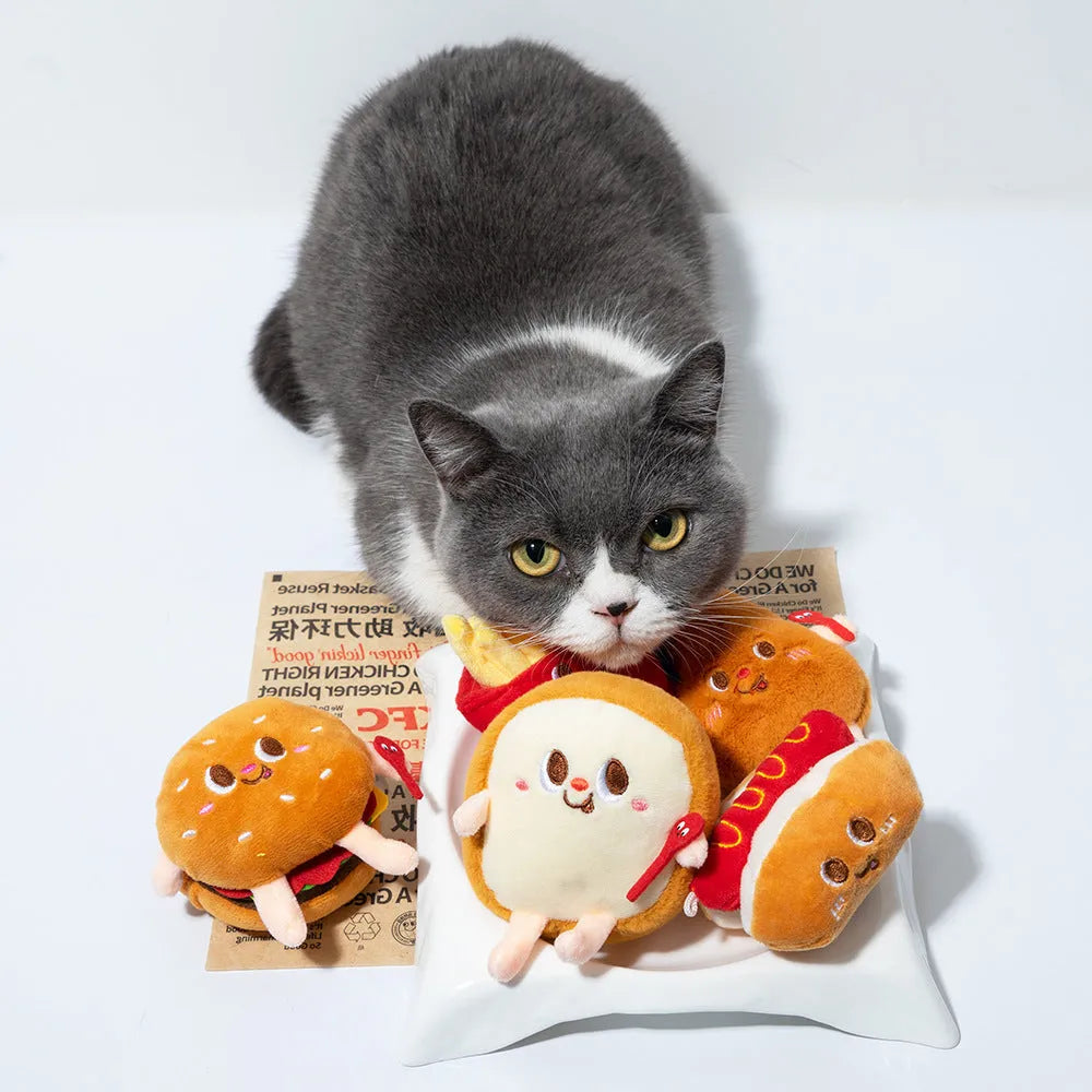 Soft cat teething toy with hamburger and chicken leg designs for kitten chewing