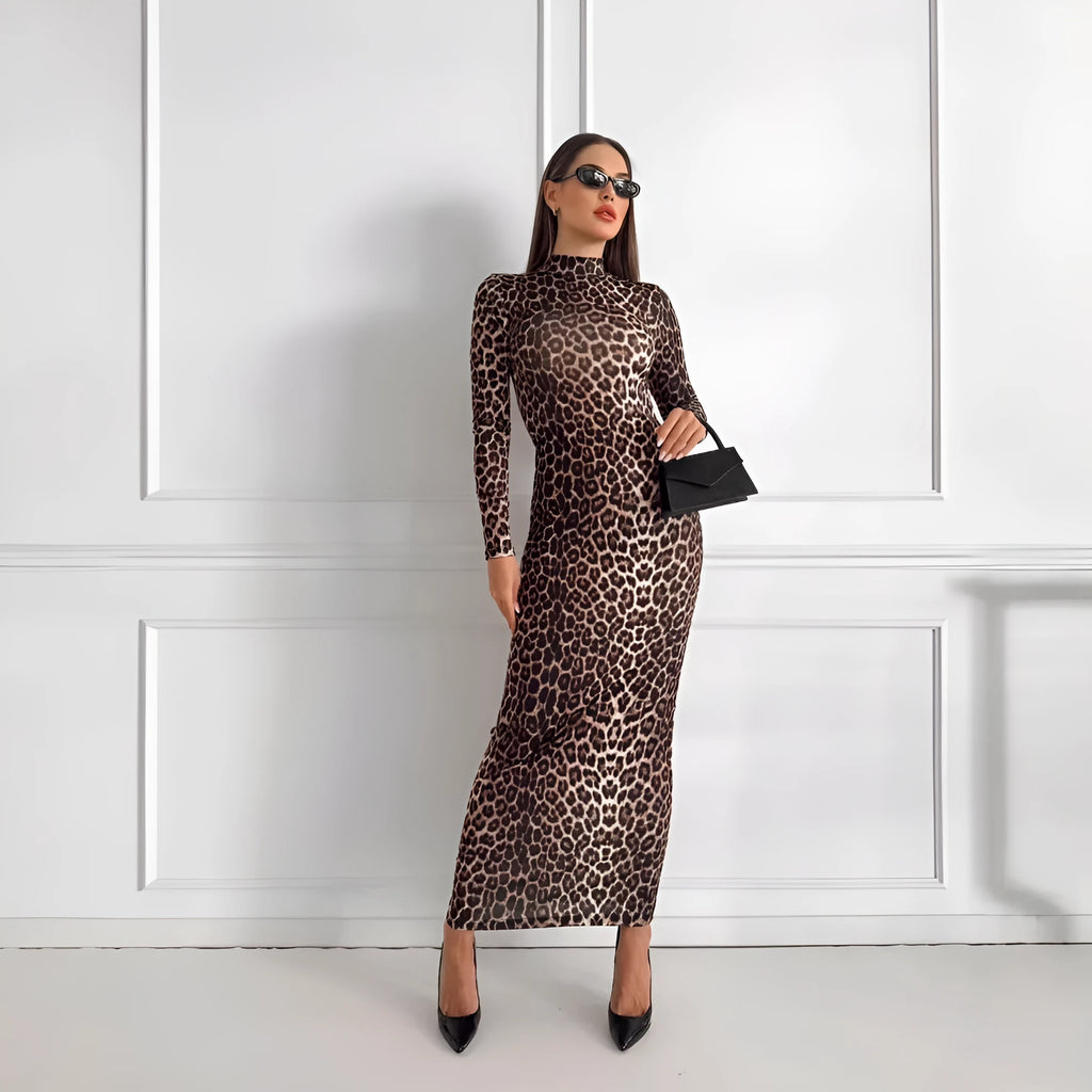 Leopard print long sleeve dress with stand collar and high waist hip skirt