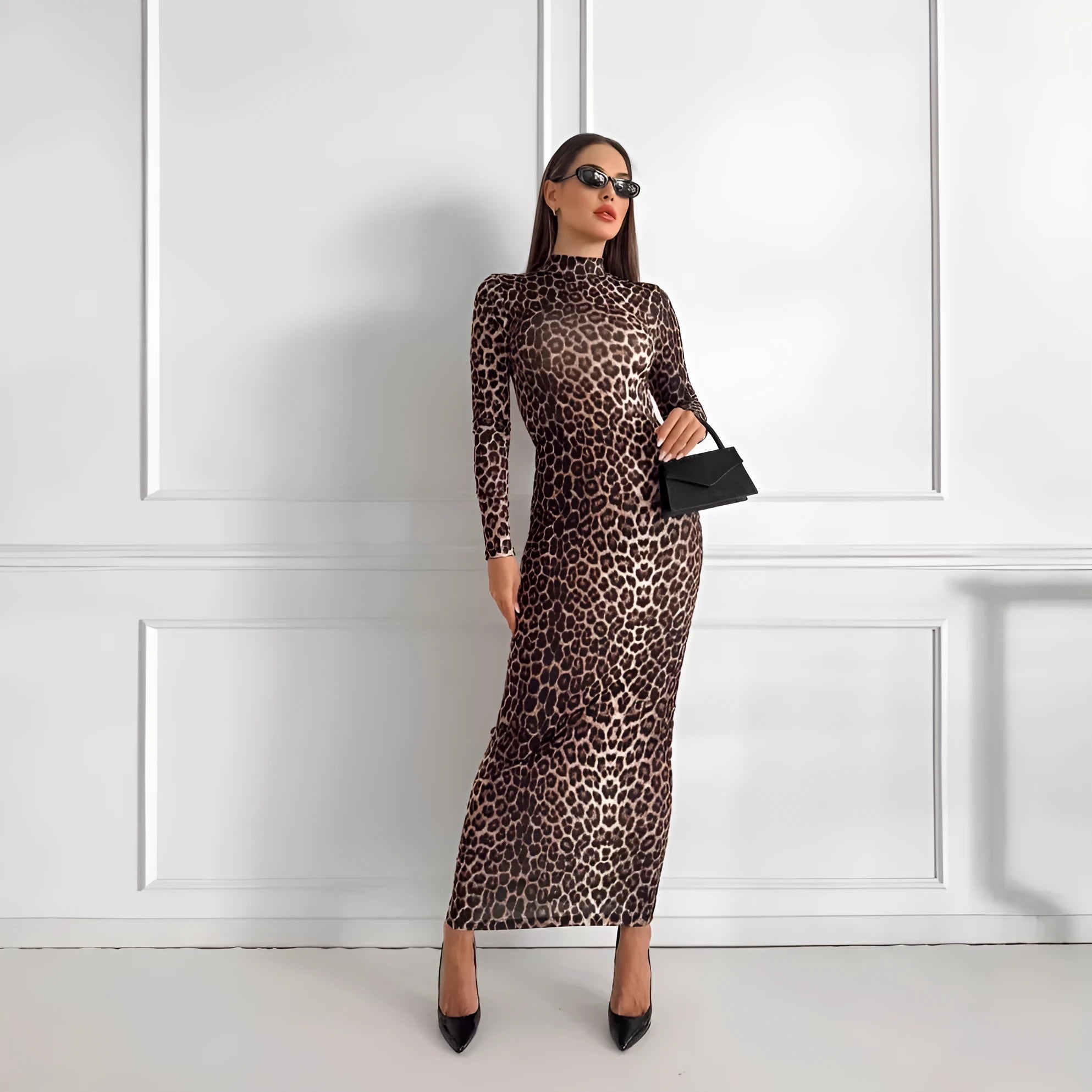 Leopard print long sleeve dress with stand collar and high waist hip skirt