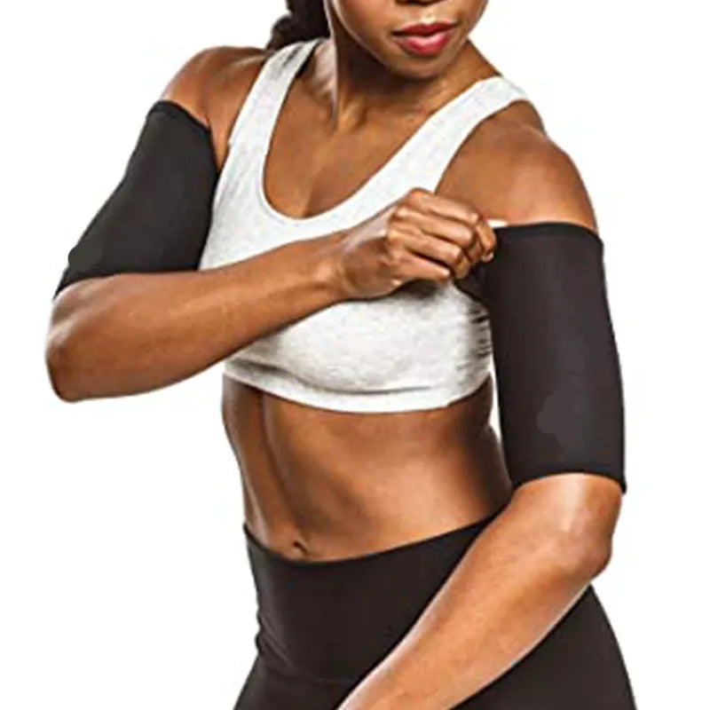 Blue and silver arm compression sweatbands shown in various sizes for sports and yoga.