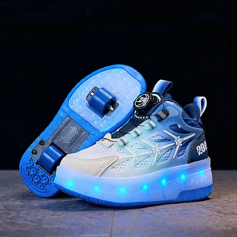Children's flash knob roller skating shoes with striped pattern and rotating button closure