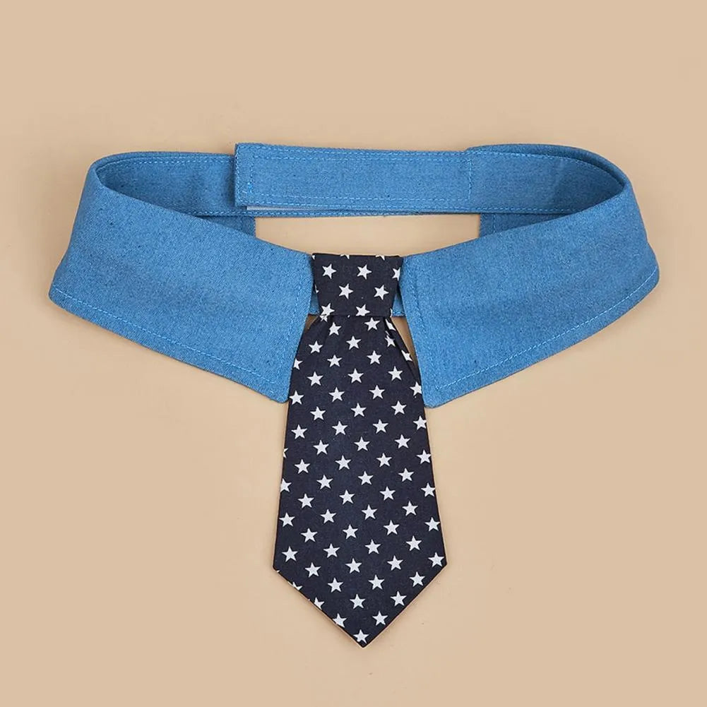 Adjustable denim dog collar with star-pattern bow tie attachment for formal occasions