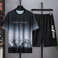 Men's light grey polyester summer suit set featuring a short sleeve T-shirt and matching shorts.