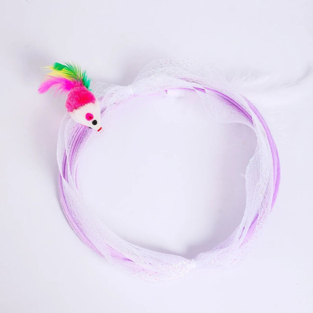 S-Type cat tunnel toy with flexible steel wire frame, elastic net mesh, and feather lure