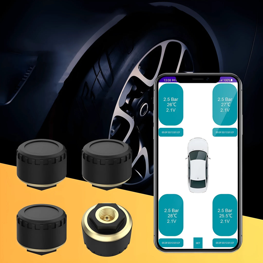 Four black Bluetooth tyre pressure monitors for mobile phone app display.