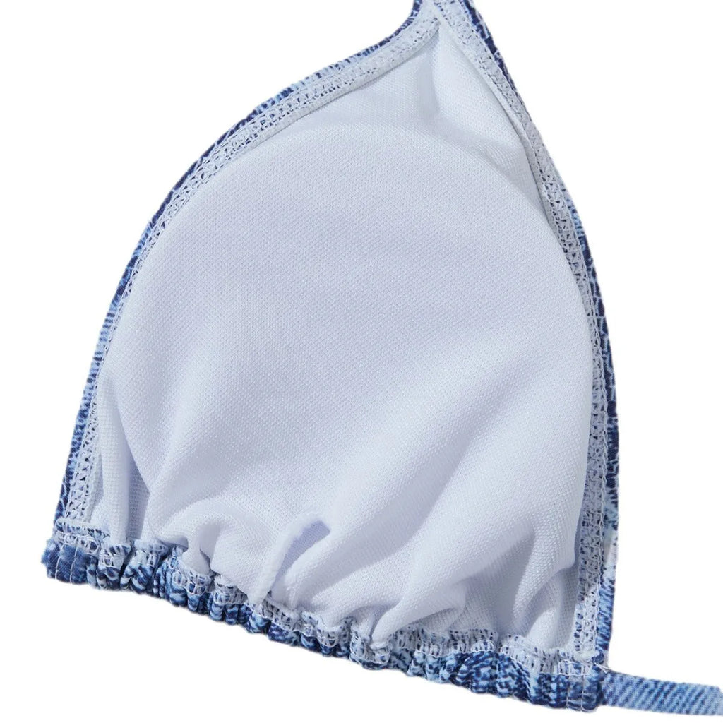 Women's denim blue printed strap bikini set on white background
