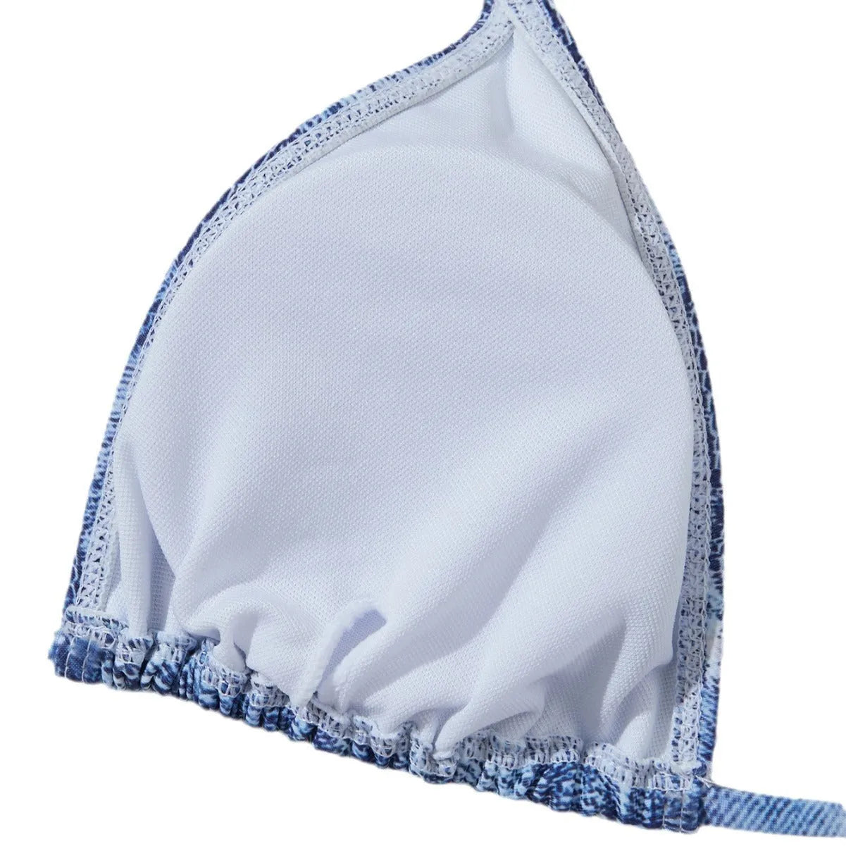 Women's denim blue printed strap bikini set on white background