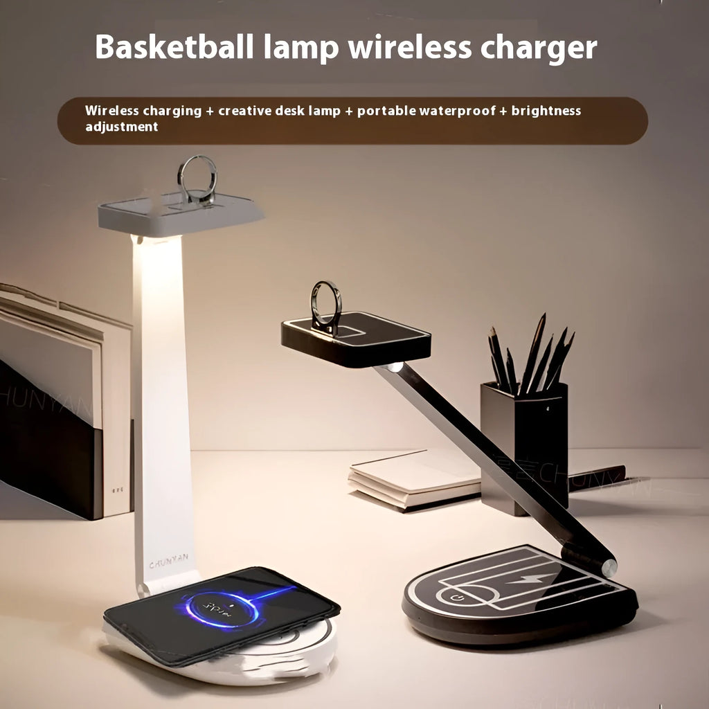 Basketball stand table lamp in black or white with touch control and optional 15W wireless phone charging