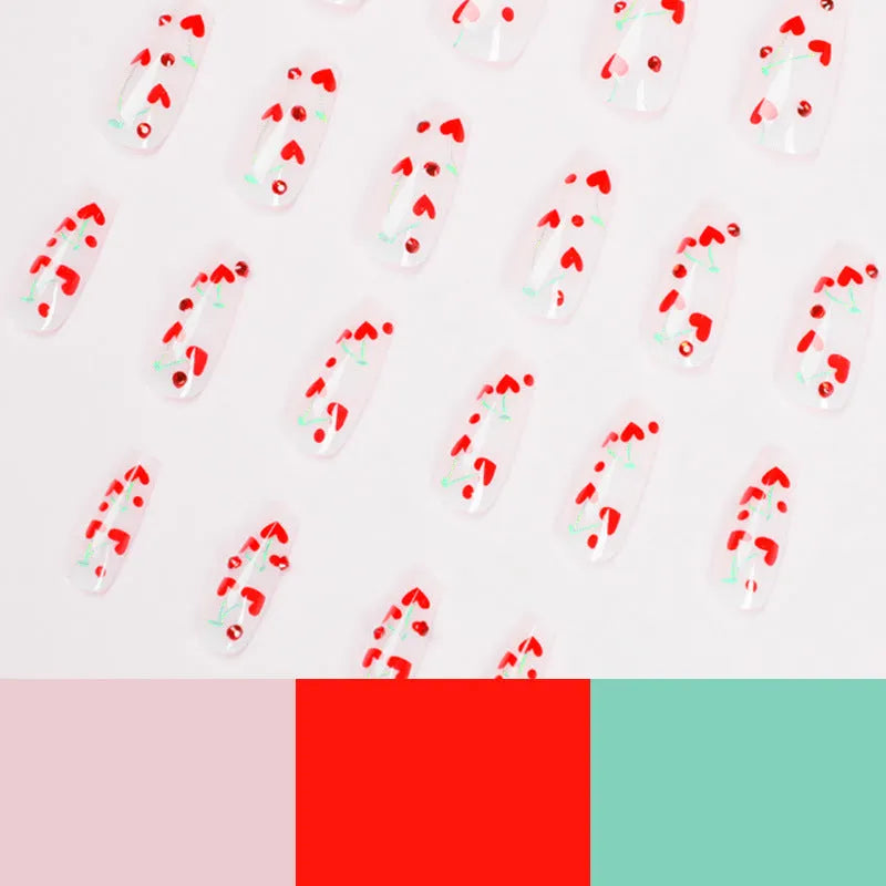 French Love Red Diamond small cherry design press-on artificial fingernails in JP1601 colour, 24 piece set with glue