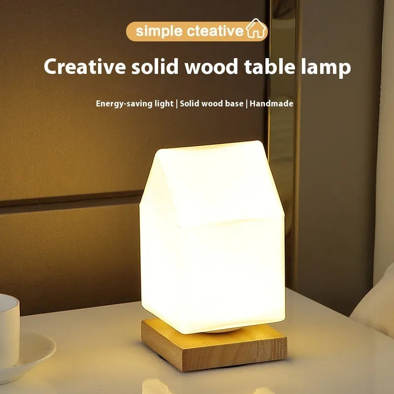 Nordic style USB table lamp with solid wood base and white flower-shaped light