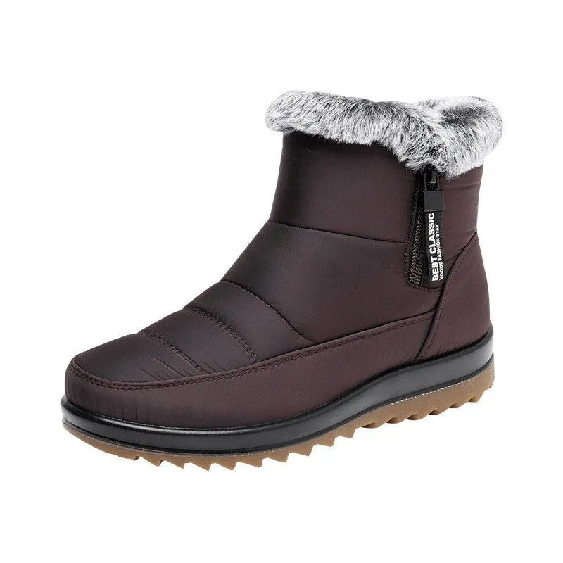 Women's winter ankle boot with side zipper and fleece lining, shown in black, dark brown, and red.